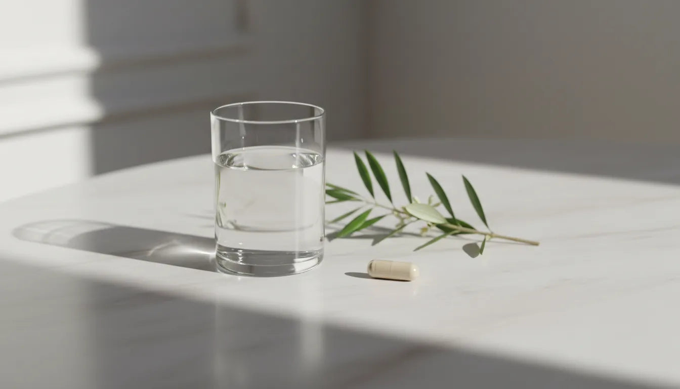 Glas water met een supplement-capsule en een takje kruid op een marmeren tafel, premium Vaud-stijl