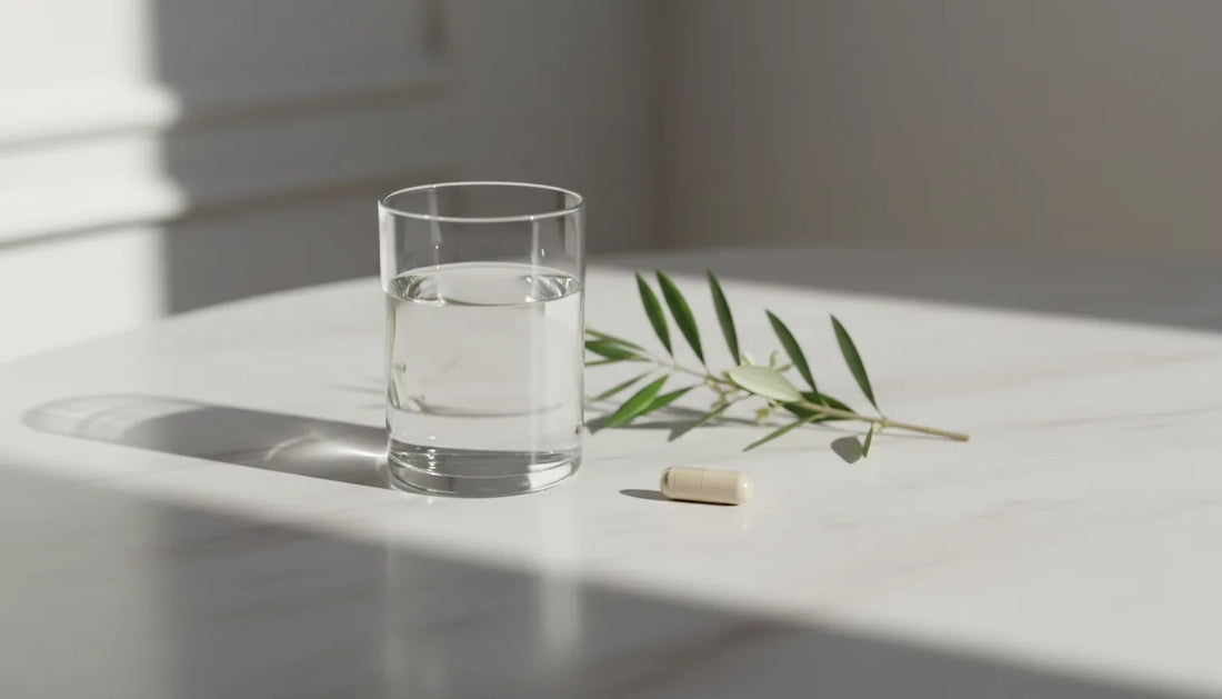 Glas water met een supplement-capsule en een takje kruid op een marmeren tafel, premium Vaud-stijl