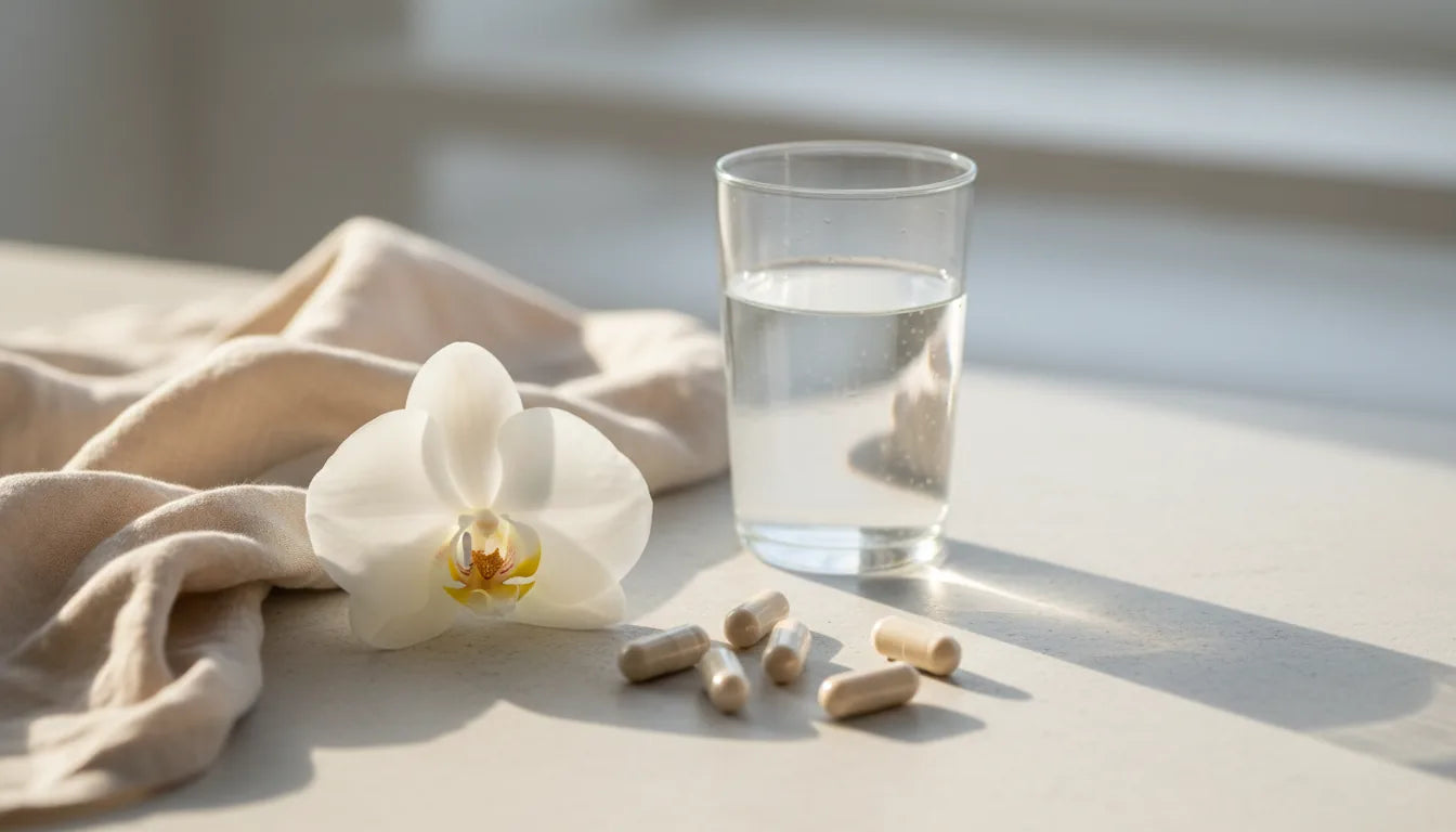 Witte orchidee, glas water en capsules op linnen, rustige Vaud-stijl