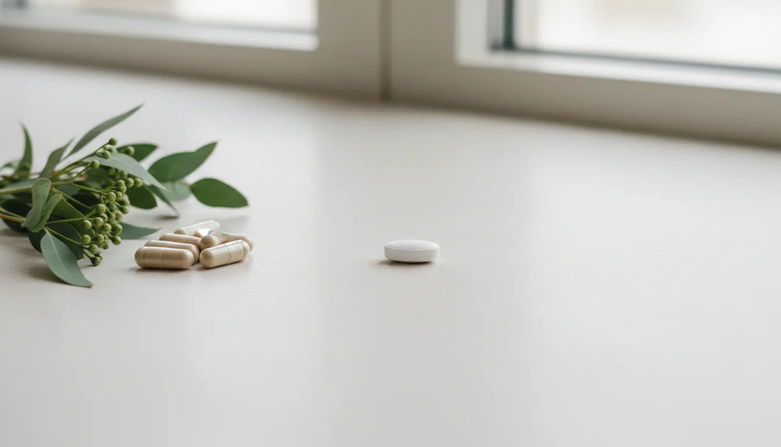 Verse kruiden en supplement-capsules op een lichte tafel, Vaud-stijl