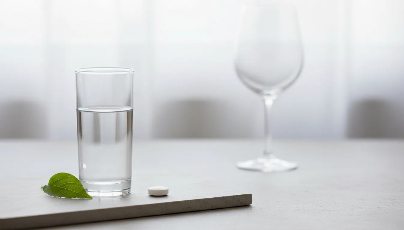 Glas water naast een wijnglas met een tablet, rustige premium Vaud-stijl