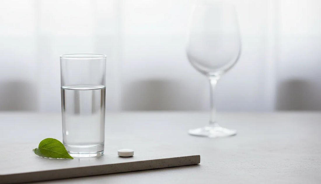Glas water naast een wijnglas met een tablet, rustige premium Vaud-stijl