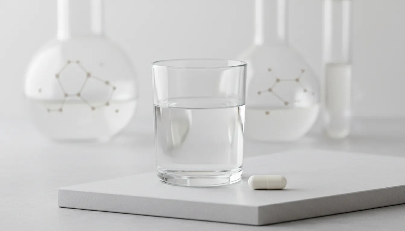 Glas water met laboratoriumkolven, wetenschappelijke premium Vaud-stijl