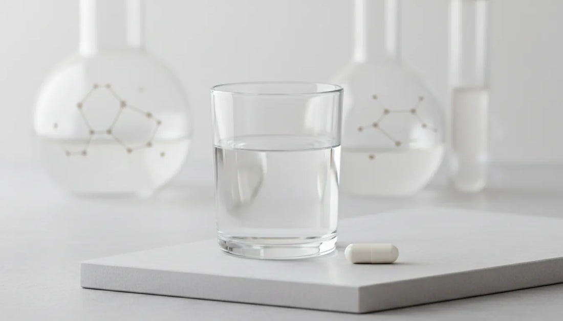 Glas water met laboratoriumkolven, wetenschappelijke premium Vaud-stijl