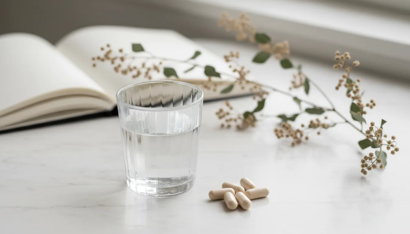 Open boek, glas water en een bloementak met capsules, editorial Vaud-stijl