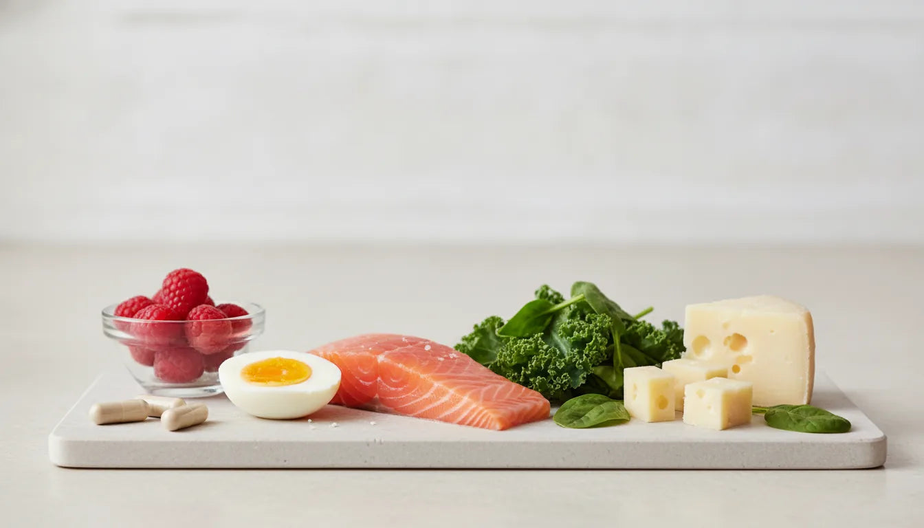 Voedingsbronnen van vitamine B12 zoals ei, zalm, kaas en groente, Vaud-stijl